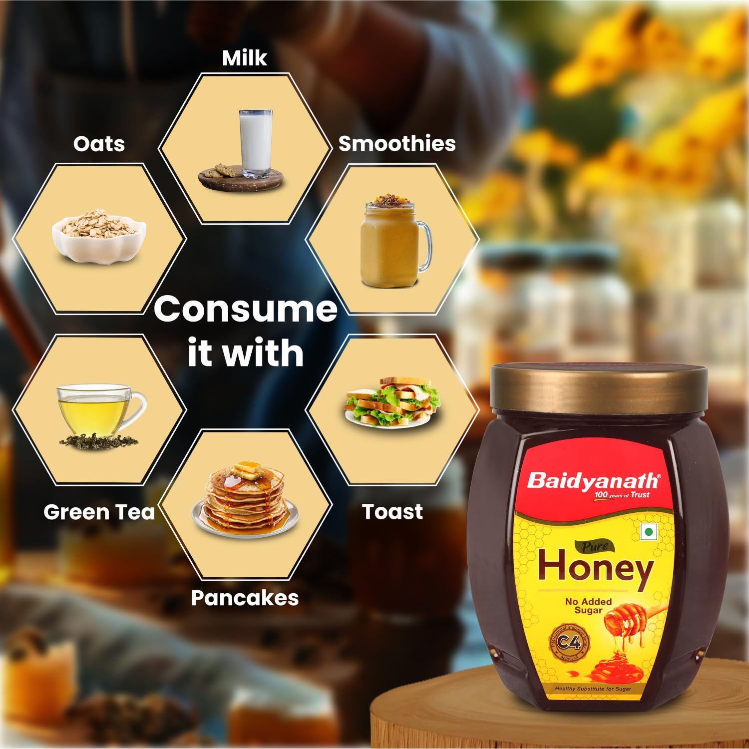 Baidyanath Ayurved Pure Honey, No Added Sugar, C4 Approved, 1 Pack - label detail
