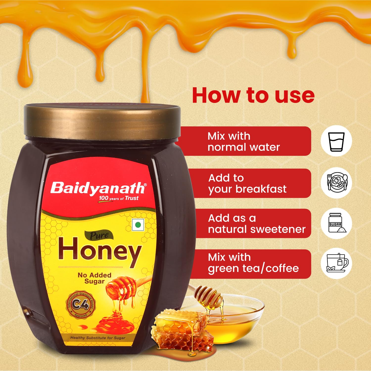 Baidyanath Ayurved Pure Honey, No Added Sugar, C4 Approved, 1 Pack - ingredients panel