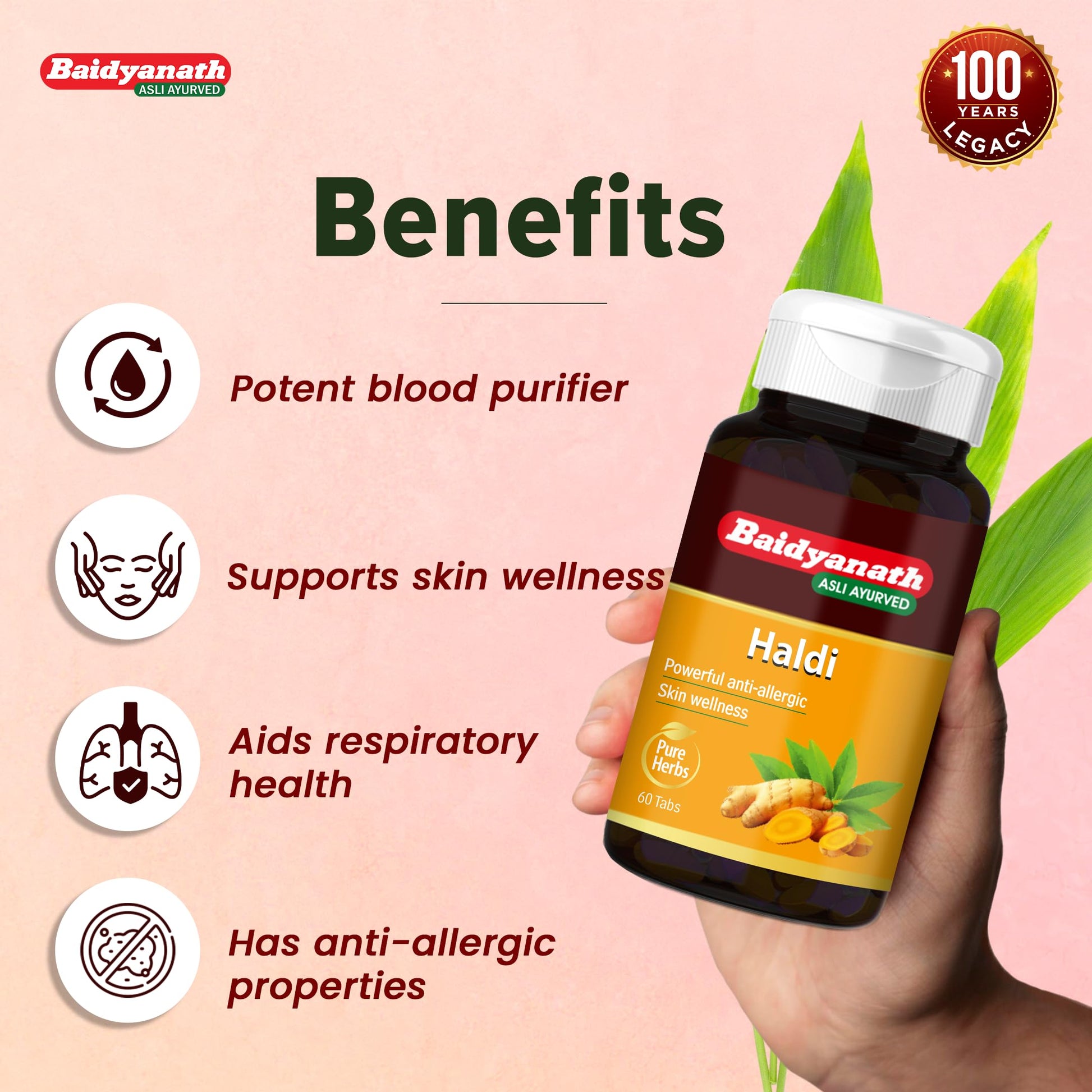 Baidyanath Haldi Turmeric Tablets, Haridra Extract, Ayurvedic Herbal Supplement - back view