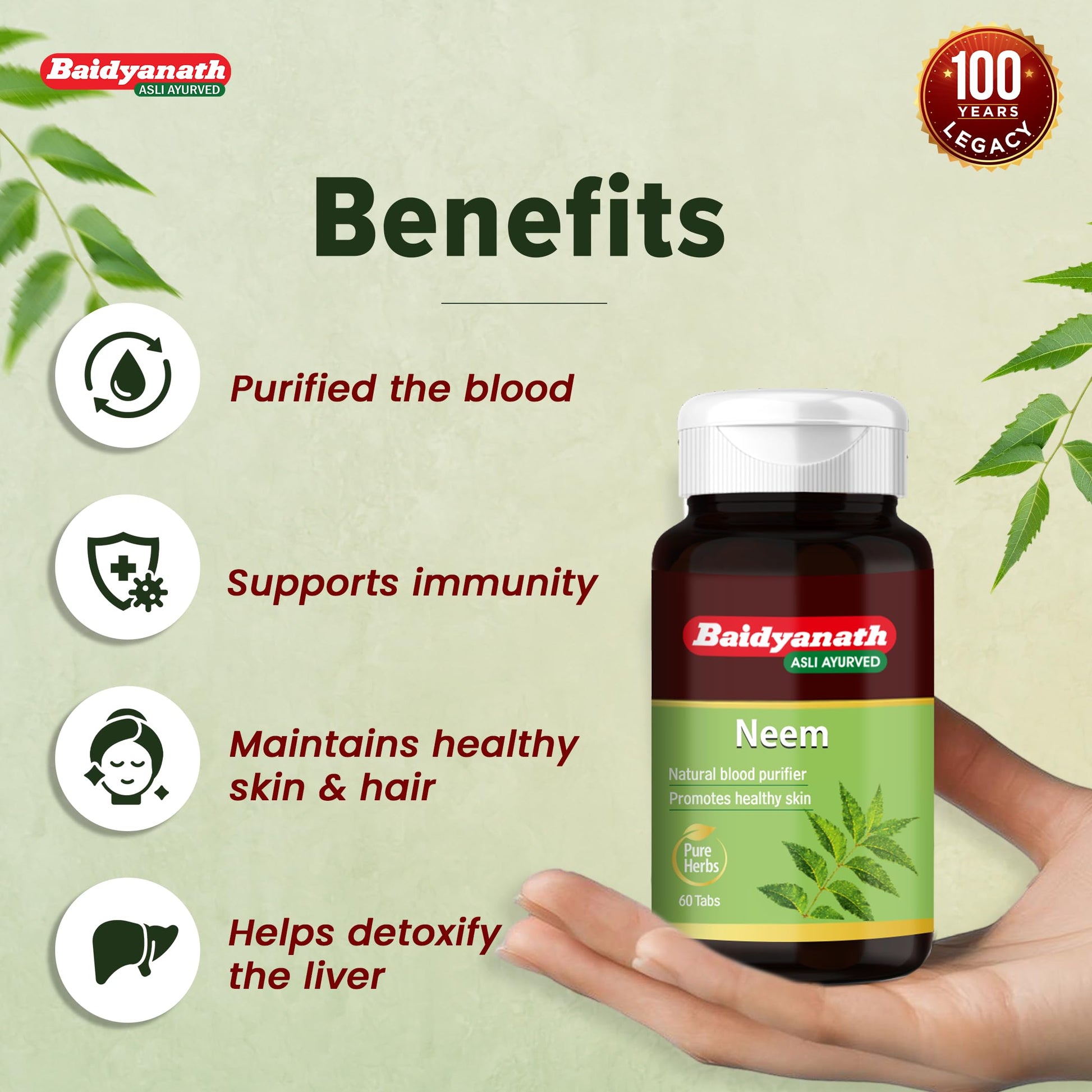 Baidyanath Neem Tablets, 60 Count, Traditional Ayurvedic Herbal Supplement, Neem Extract - back view