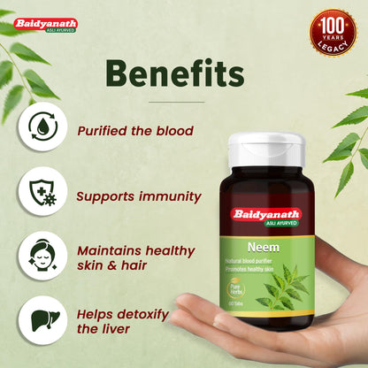 Baidyanath Neem Tablets, 60 Count, Traditional Ayurvedic Herbal Supplement, Neem Extract - back view