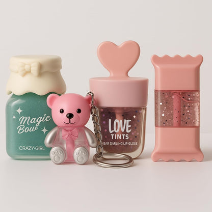 Bajajbeautyshop Kawaii Lip Gloss Combo Set of 4 - pH Color Changing, Heart Candy Toffee Bottle Shapes - 4 Mini Glosses