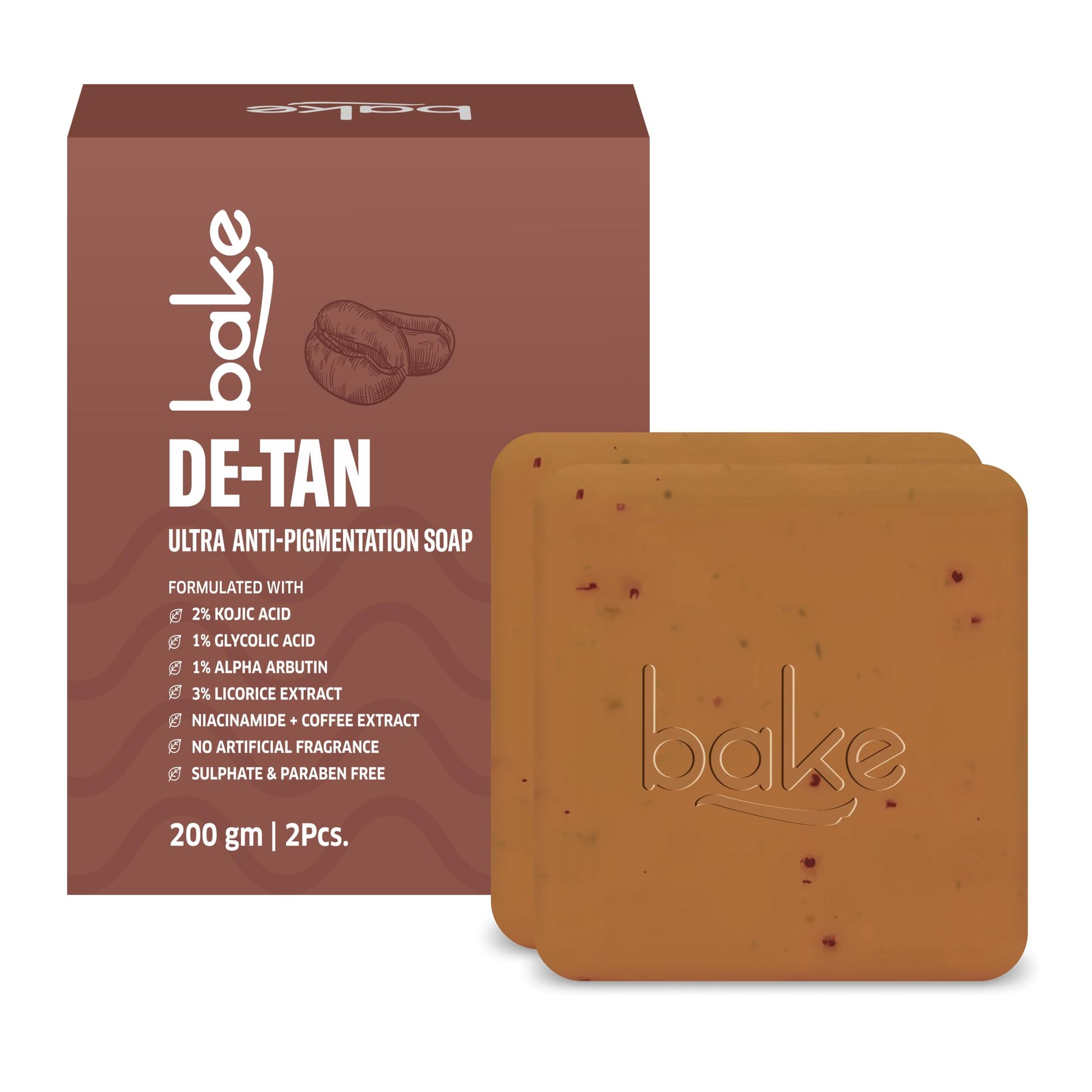 BAKE De-Tan Coffee Soap, 100g Bars, with Kojic Acid, Glycolic Acid, Alpha Arbutin, Coffee Granules