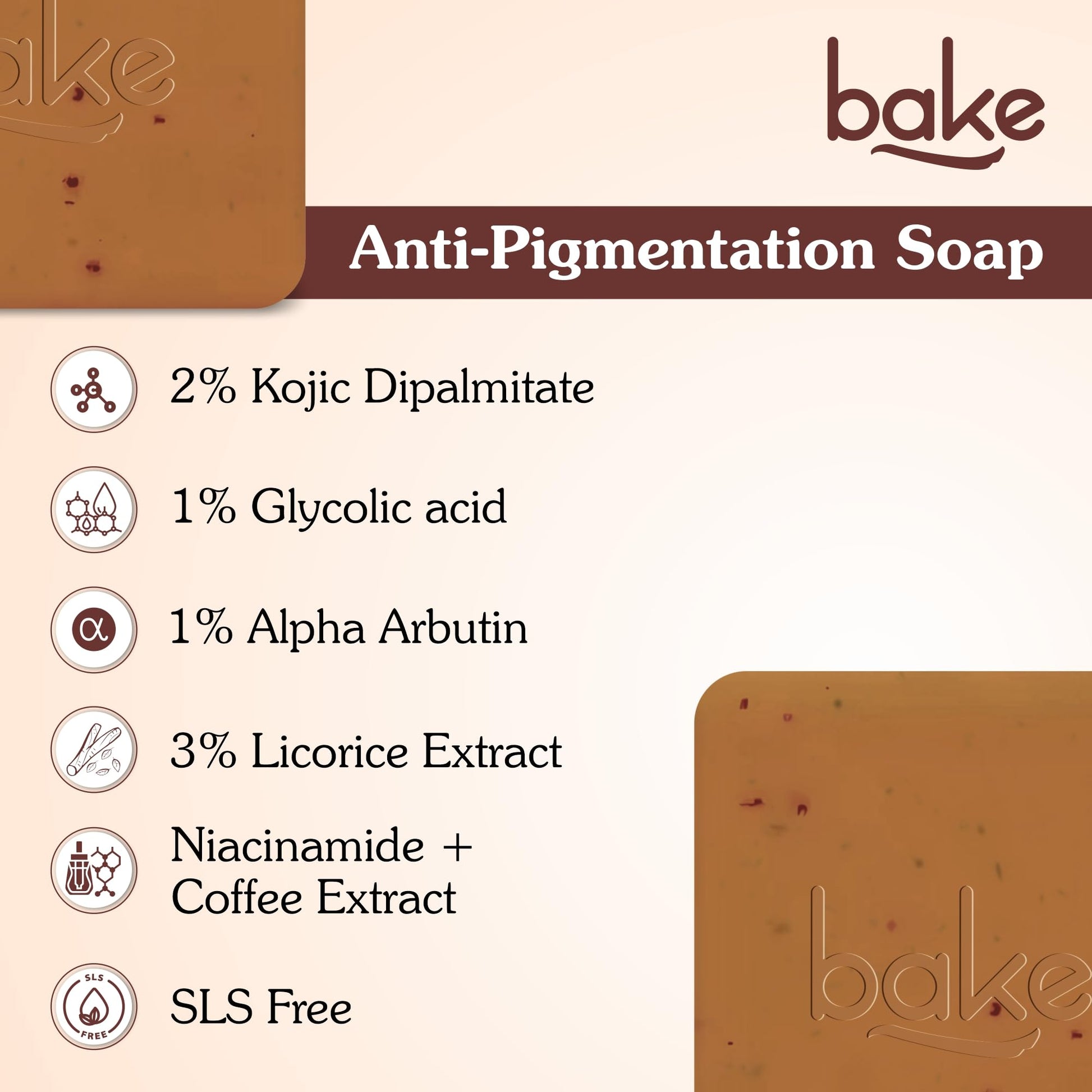 BAKE De-Tan Coffee Soap, 100g Bars, with Kojic Acid, Glycolic Acid, Alpha Arbutin, Coffee Granules - packaging