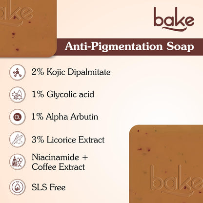 BAKE De-Tan Coffee Soap, 100g Bars, with Kojic Acid, Glycolic Acid, Alpha Arbutin, Coffee Granules - packaging