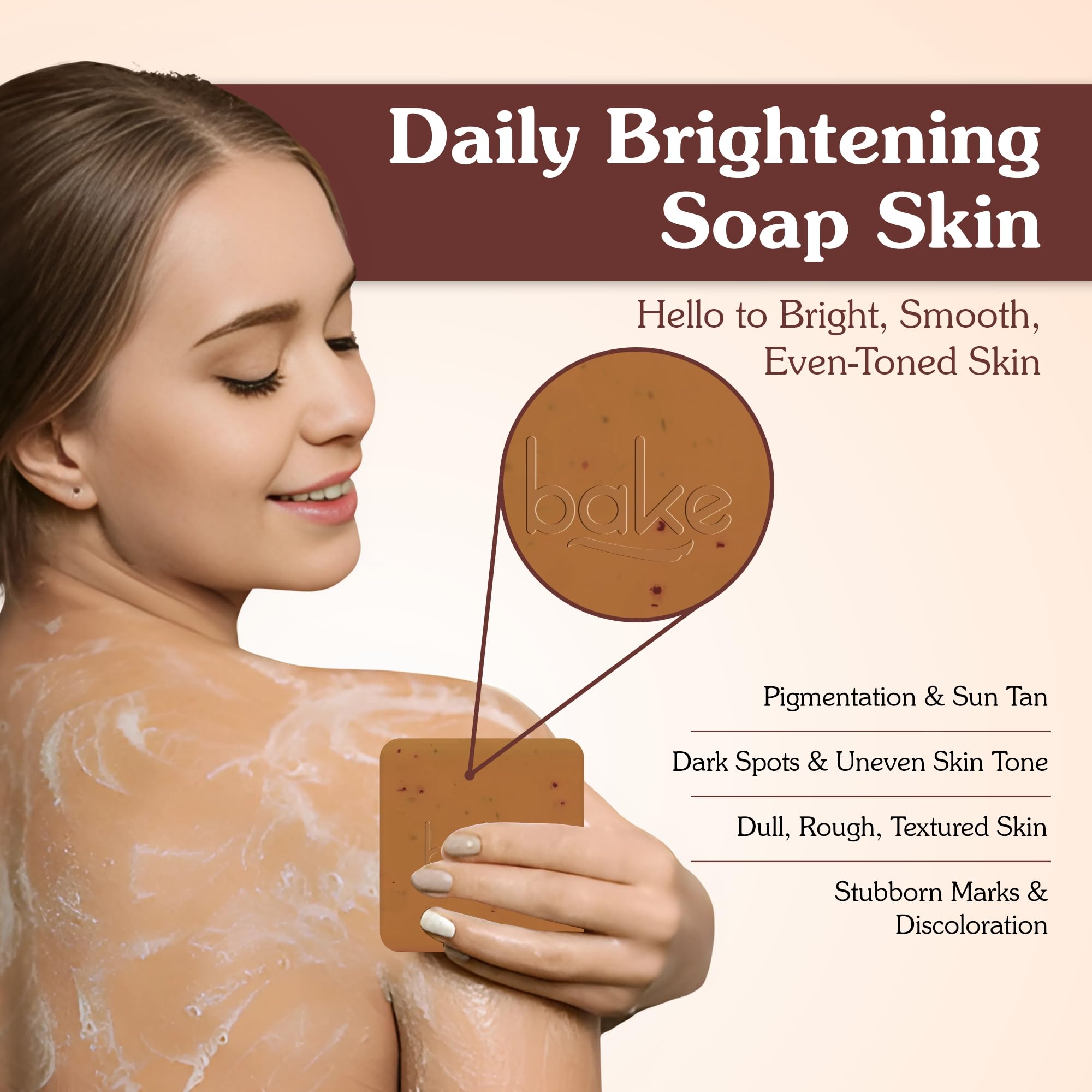 BAKE De-Tan Coffee Soap, 100g Bars, with Kojic Acid, Glycolic Acid, Alpha Arbutin, Coffee Granules - label detail