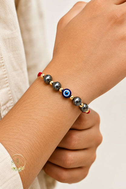 BANITHANI Pyrite Gemstone Rakhi with Evil Eye Bead for Brother | Designer Traditional Rakhi for Raksha Bandhan (Set of 1) - b