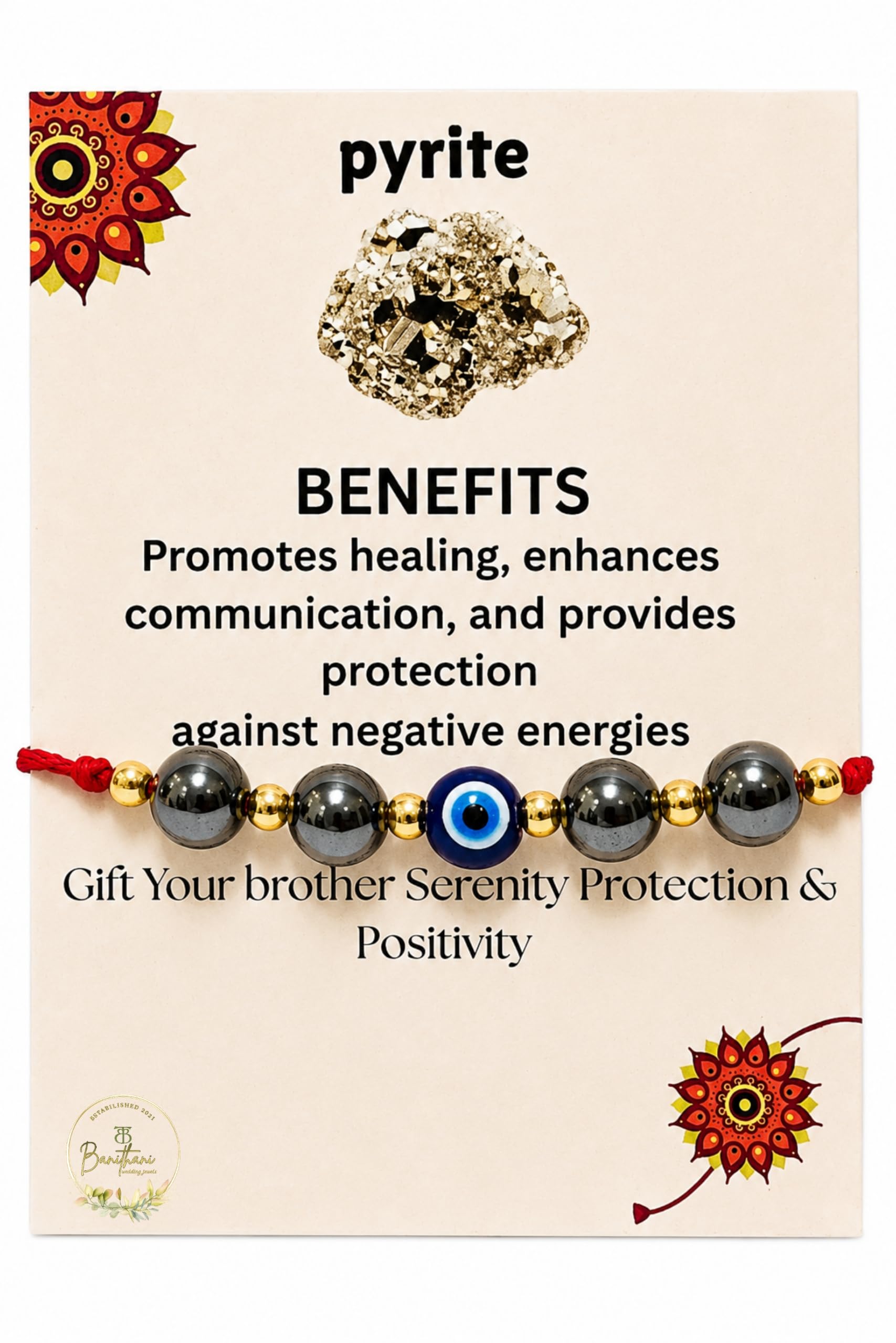 BANITHANI Pyrite Gemstone Rakhi with Evil Eye Bead for Brother | Designer Traditional Rakhi for Raksha Bandhan (Set of 1) - p