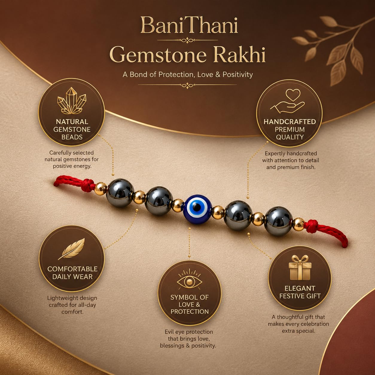 BANITHANI Pyrite Gemstone Rakhi with Evil Eye Bead for Brother | Designer Traditional Rakhi for Raksha Bandhan (Set of 1) - c