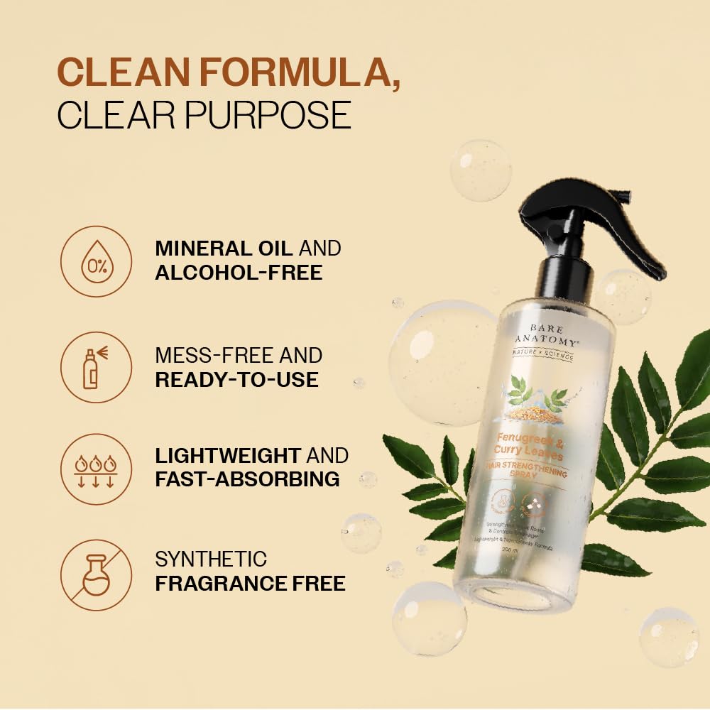 Bare Anatomy Nature x Science Fenugreek and Curry Leaves Hair Spray, 200ml - close-up detail