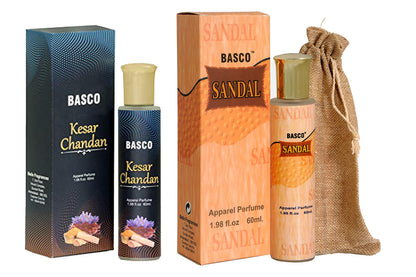 BASCO Kesar Chandan Perfume Spray, 60 ml, Unisex Saffron Sandalwood Fragrance - packaging