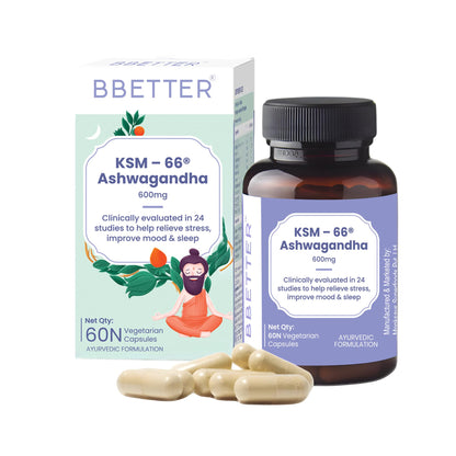BBETTER KSM-66 Ashwagandha Capsules 600mg, 60 Veg Capsules, Lab Tested Herbal Supplement