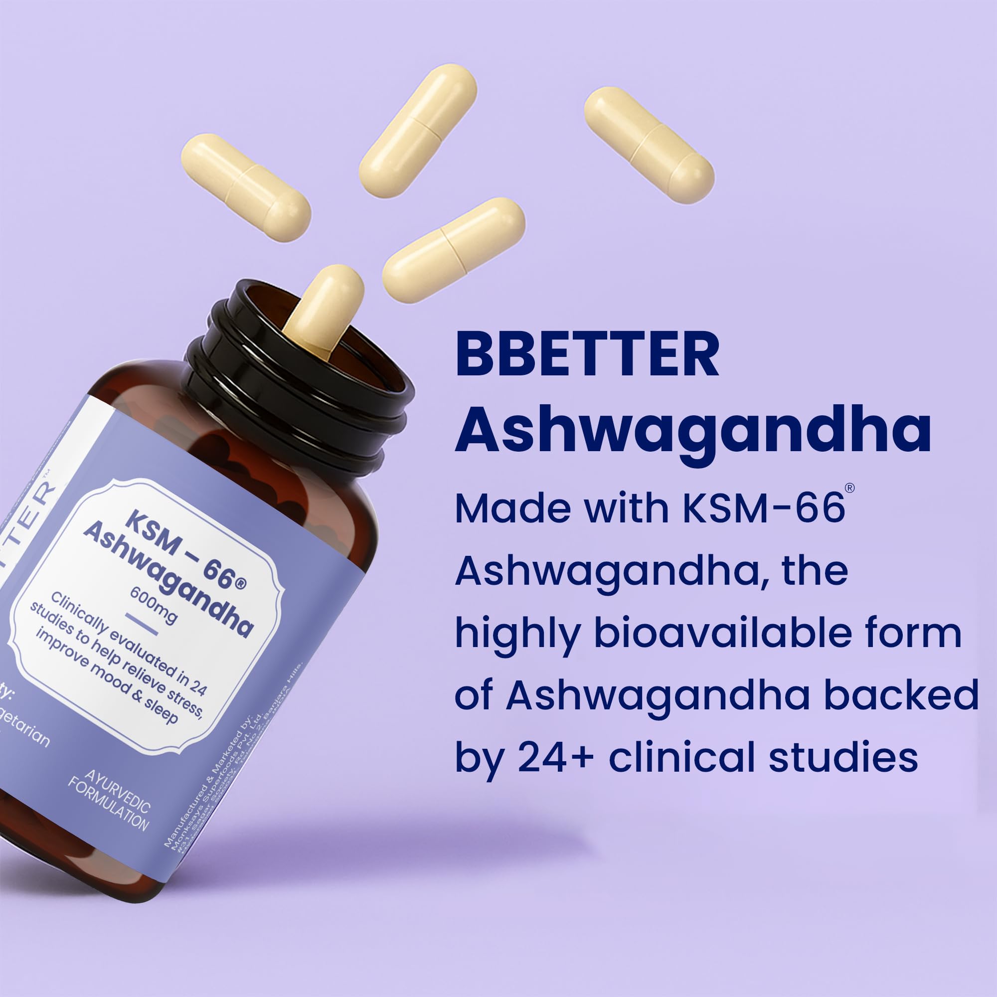 BBETTER KSM-66 Ashwagandha Capsules 600mg, 60 Veg Capsules, Lab Tested Herbal Supplement - front view