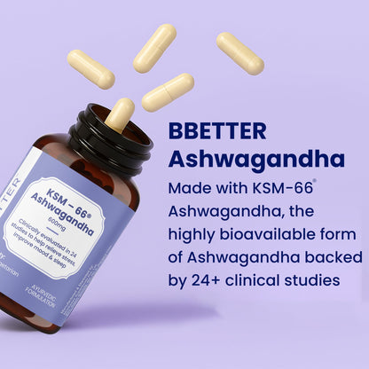 BBETTER KSM-66 Ashwagandha Capsules 600mg, 60 Veg Capsules, Lab Tested Herbal Supplement - front view