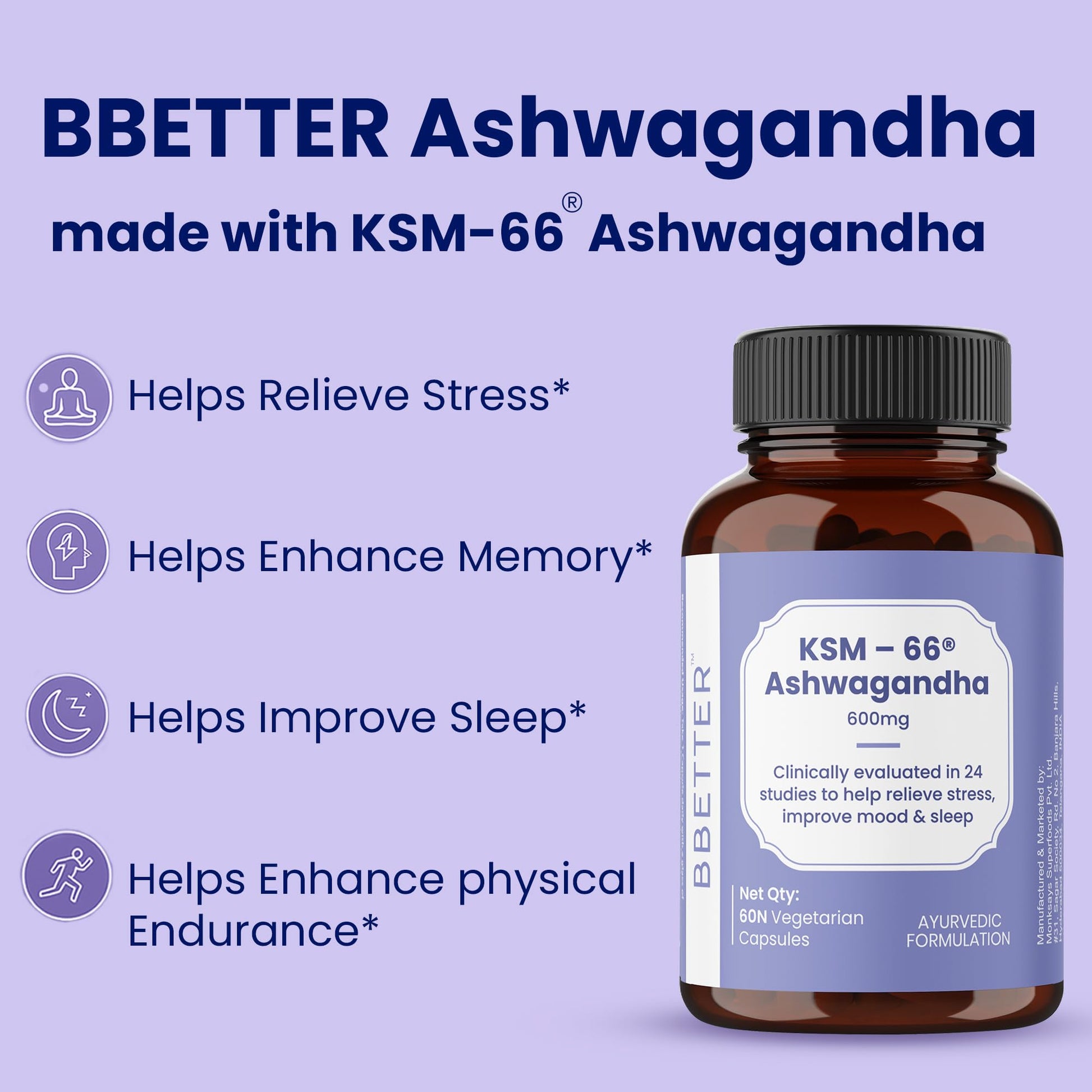BBETTER KSM-66 Ashwagandha Capsules 600mg, 60 Veg Capsules, Lab Tested Herbal Supplement - back view