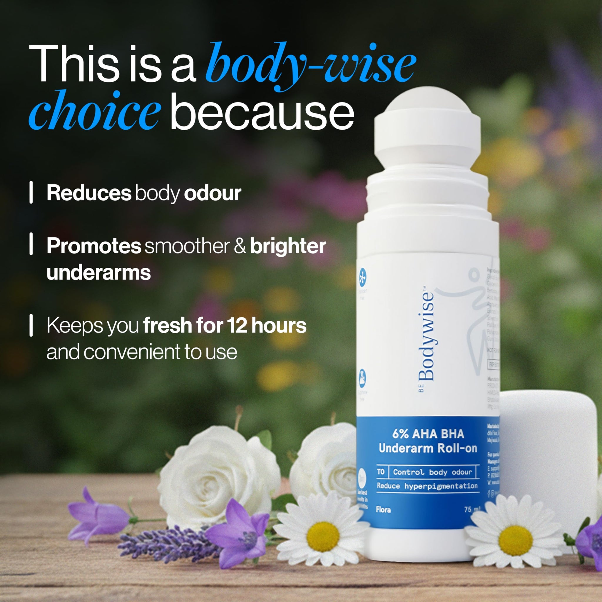 Be Bodywise 6% AHA BHA Underarm Roll-On, Exfoliating Deodorant, Alcohol & Aluminum Free - back view (26)
