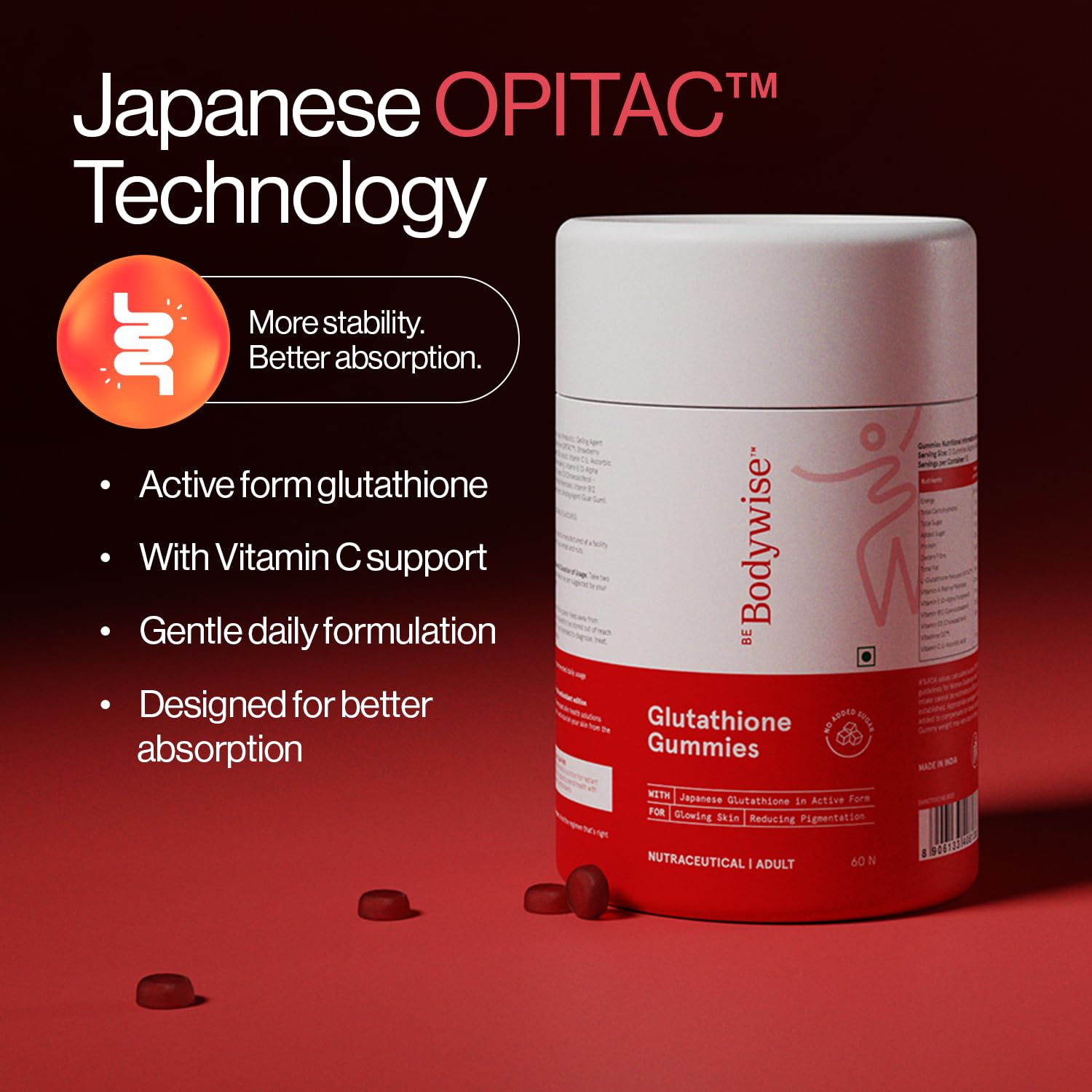 Be Bodywise Glutathione Gummies Dietary Supplement with OPITAC L-Glutathione, Vitamins C E A B-Complex and Lycopene for Adult