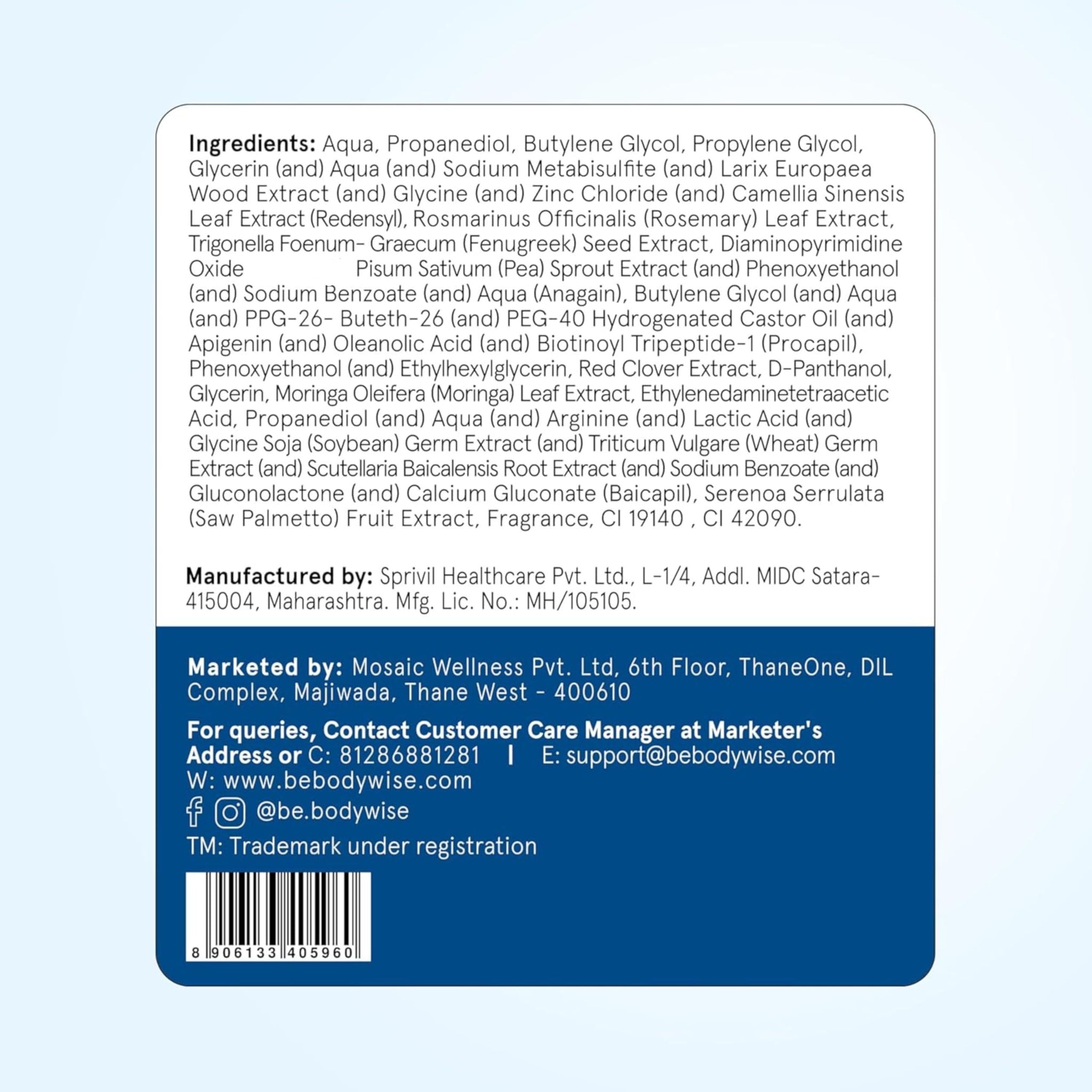 Be Bodywise Hair Serum with Redensyl, Anagain, and Rosemary, Topical Scalp Serum for Adults - size and scale