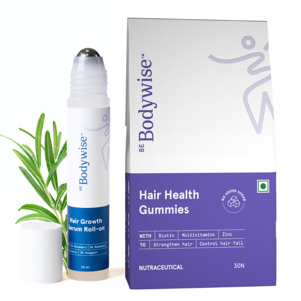 Be Bodywise Hair Supplement Pack with Biotin Gummies and Rosemary Roll-On Serum, Adult, Strawberry Flavor
