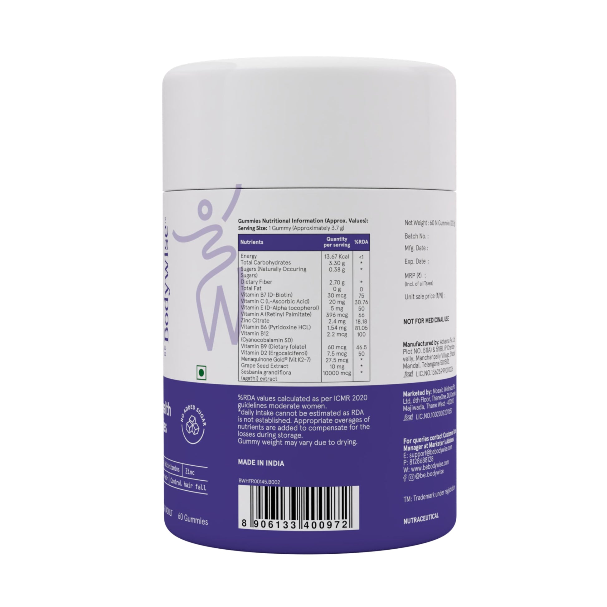 Be Bodywise Hair Supplement Pack with Biotin Gummies and Rosemary Roll-On Serum, Adult, Strawberry Flavor - ingredients panel