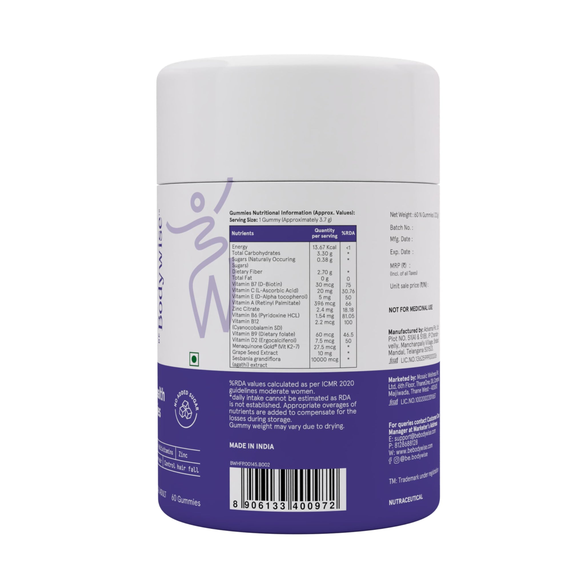 Be Bodywise Hair Supplement Pack with Biotin Gummies and Rosemary Roll-On Serum, Adult, Strawberry Flavor - ingredients panel