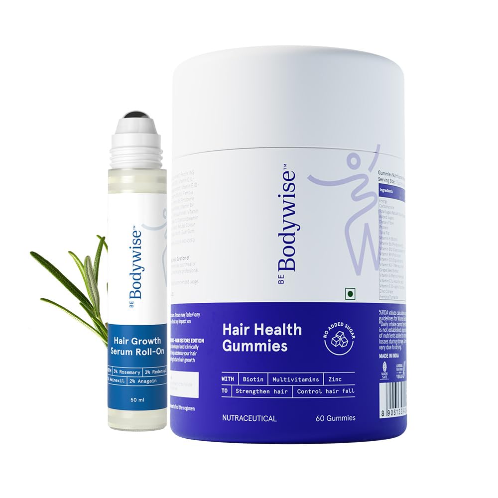 Be Bodywise Hair Supplement Pack with Biotin Gummies and Rosemary Roll-On Serum, Adult, Strawberry Flavor (25)