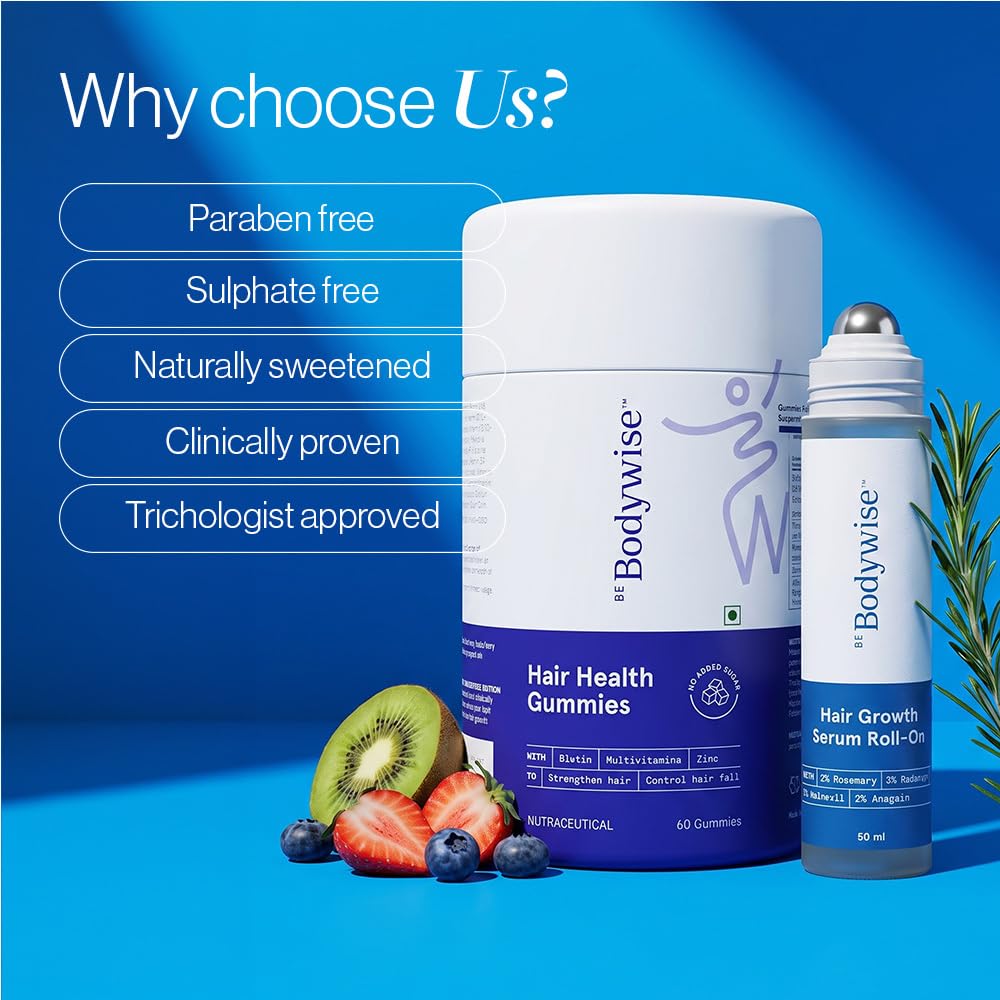 Be Bodywise Hair Supplement Pack with Biotin Gummies and Rosemary Roll-On Serum, Adult, Strawberry Flavor - close-up detail (