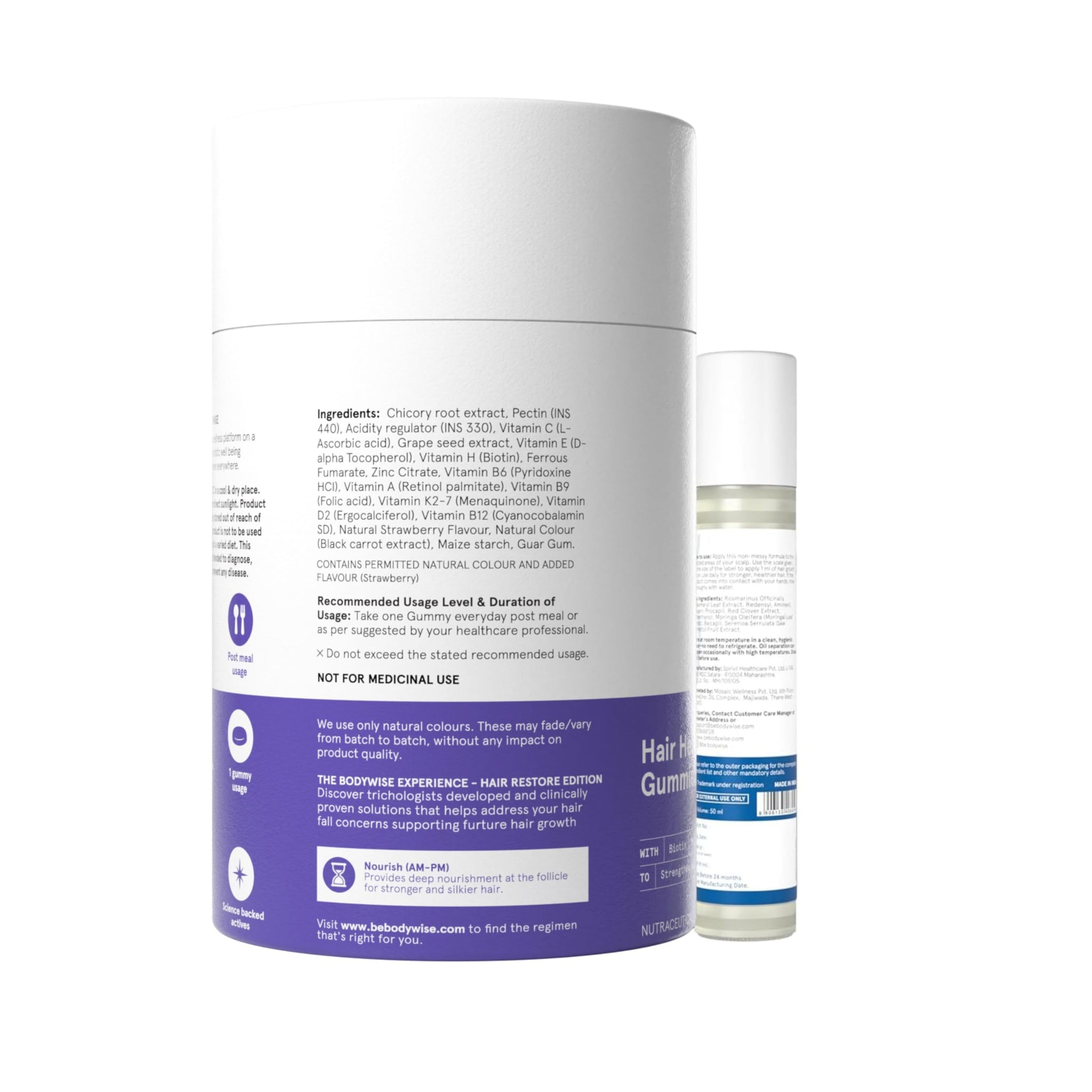 Be Bodywise Hair Supplement Pack with Biotin Gummies and Rosemary Roll-On Serum, Adult, Strawberry Flavor - size and scale (3