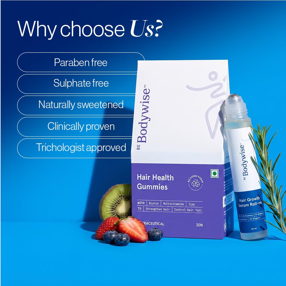 Be Bodywise Hair Supplement Pack with Biotin Gummies and Rosemary Roll-On Serum, Adult, Strawberry Flavor - in use