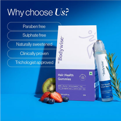 Be Bodywise Hair Supplement Pack with Biotin Gummies and Rosemary Roll-On Serum, Adult, Strawberry Flavor - in use