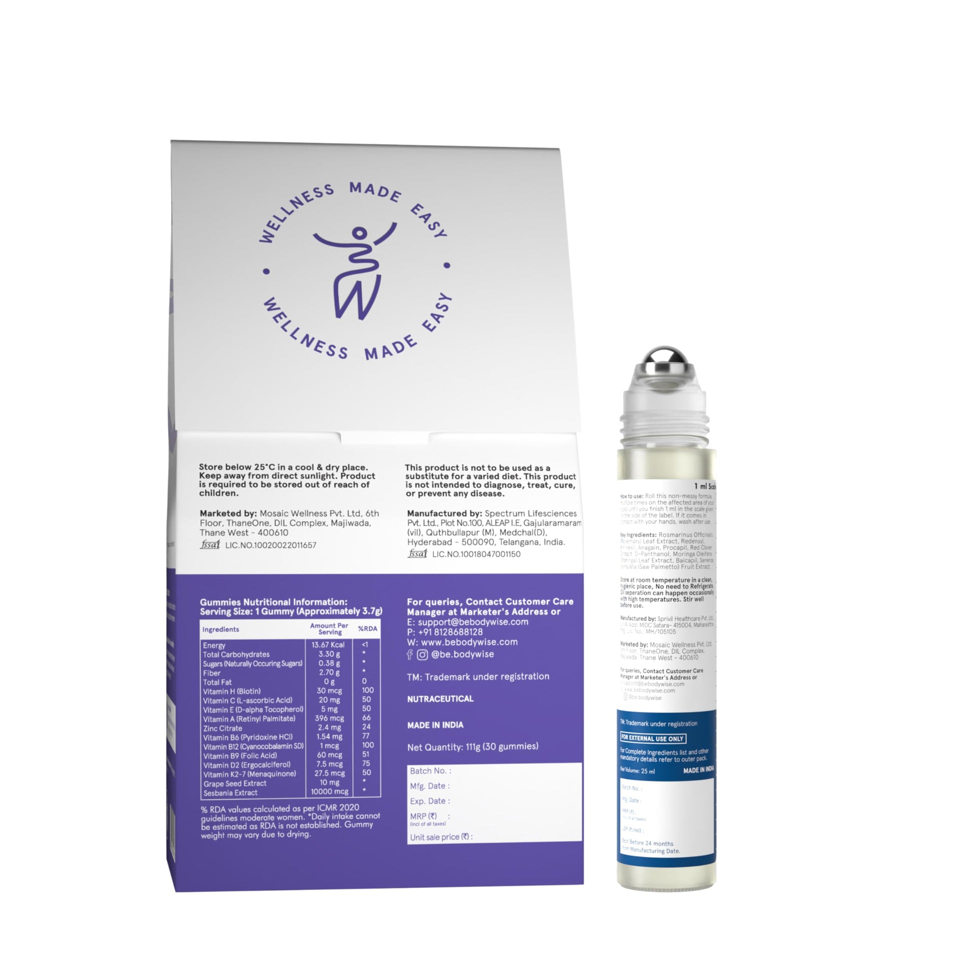 Be Bodywise Hair Supplement Pack with Biotin Gummies and Rosemary Roll-On Serum, Adult, Strawberry Flavor - size and scale