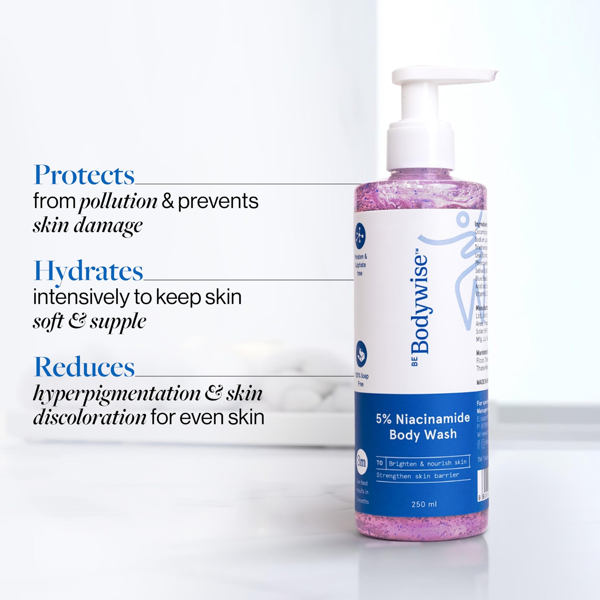 Be Bodywise Niacinamide Body Wash Gel with Aloe Vera, Vitamin B3 & E for Adults - label detail