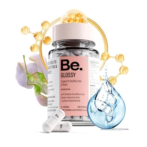 Be. Glossy Hair Supplements for Women, 60 Vegetarian Capsules, 30 Day Supply, with Biotin, Hyaluronic Acid, Vitamin E, B12, L