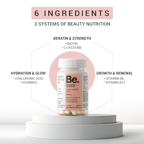 Be. Glossy Hair Supplements for Women, 60 Vegetarian Capsules, 30 Day Supply, with Biotin, Hyaluronic Acid, Vitamin E, B12, L