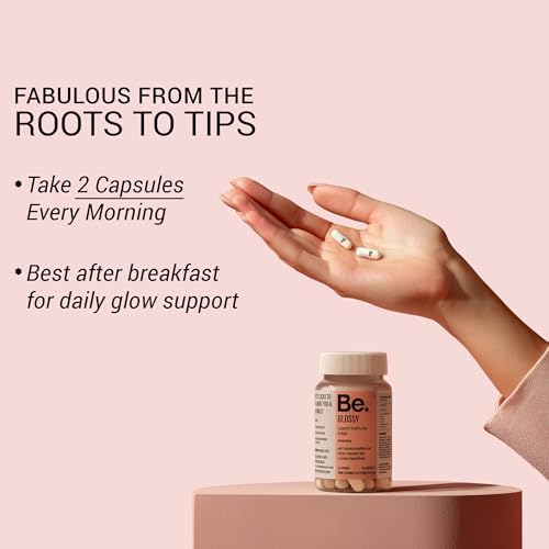 Be. Glossy Hair Supplements for Women, 60 Vegetarian Capsules, 30 Day Supply, with Biotin, Hyaluronic Acid, Vitamin E, B12, L
