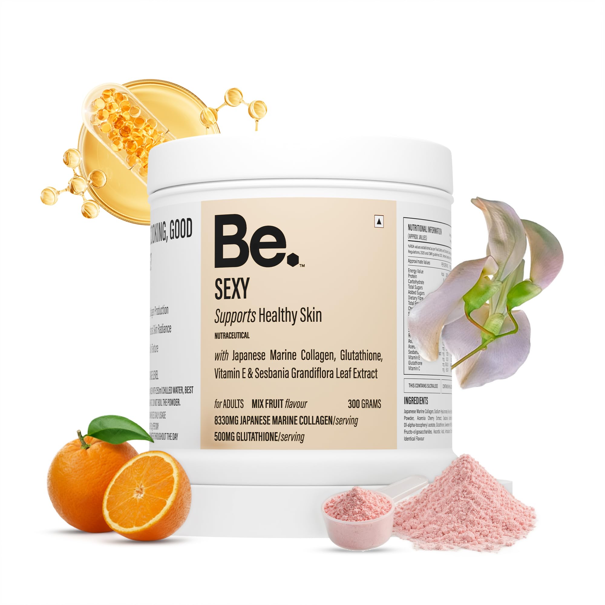Be. Wellness Japanese Marine Collagen Powder, Mix-Fruit, 300g, Type I & III Peptides, Non-GMO