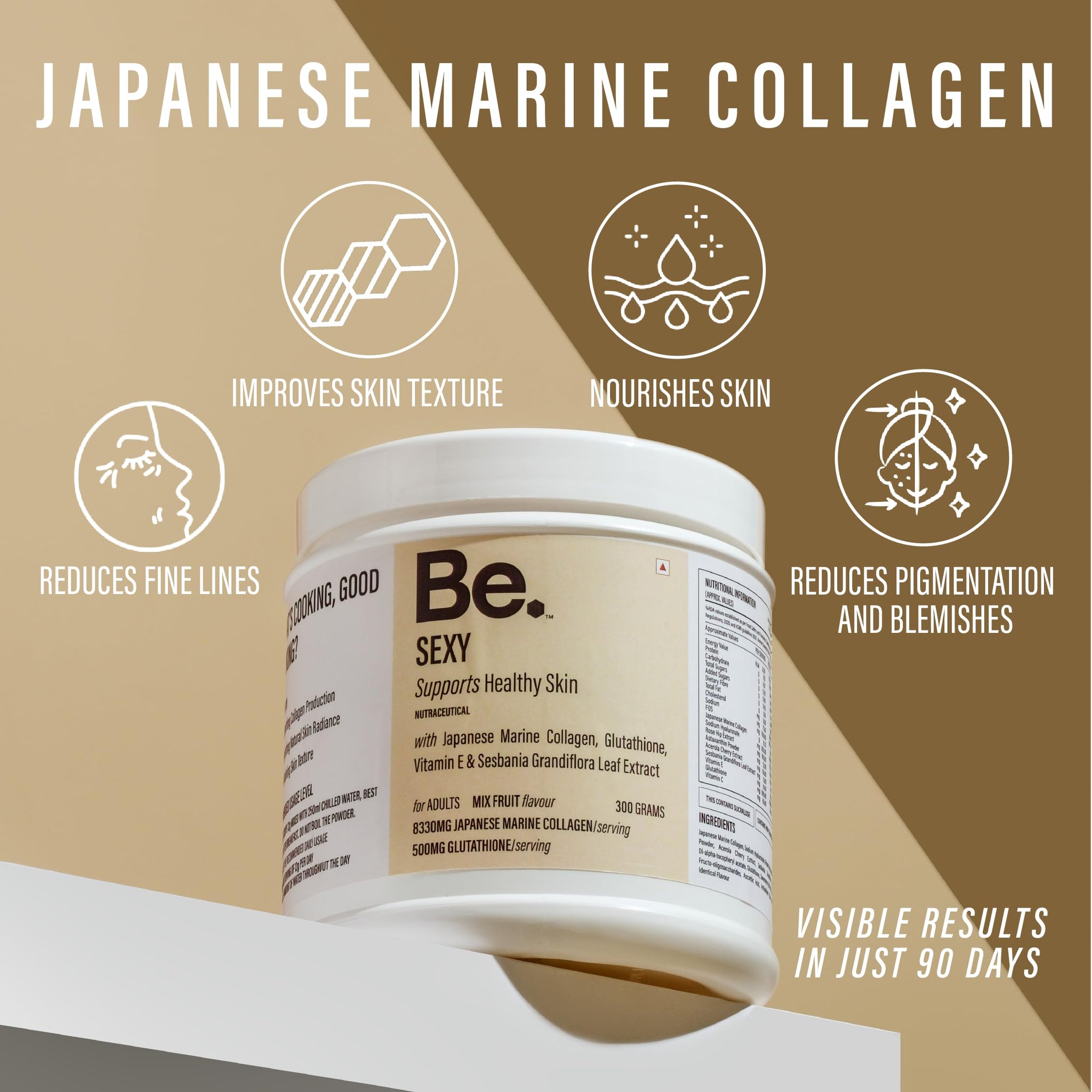 Be. Wellness Japanese Marine Collagen Powder, Mix-Fruit, 300g, Type I & III Peptides, Non-GMO - front view