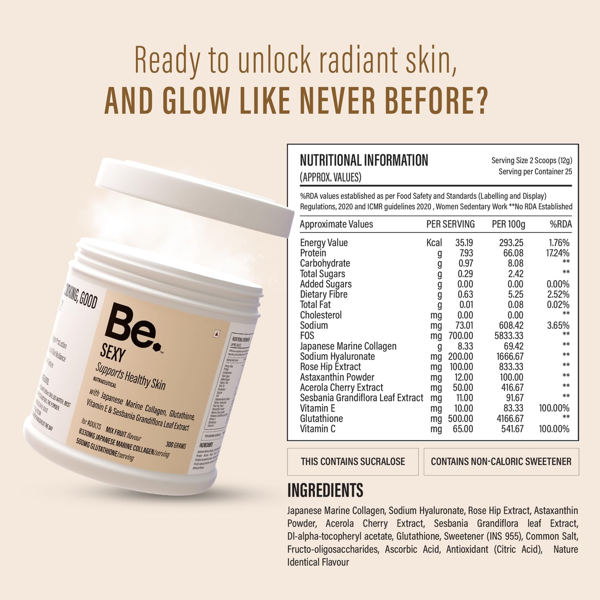 Be. Wellness Japanese Marine Collagen Powder, Mix-Fruit, 300g, Type I & III Peptides, Non-GMO - ingredients panel