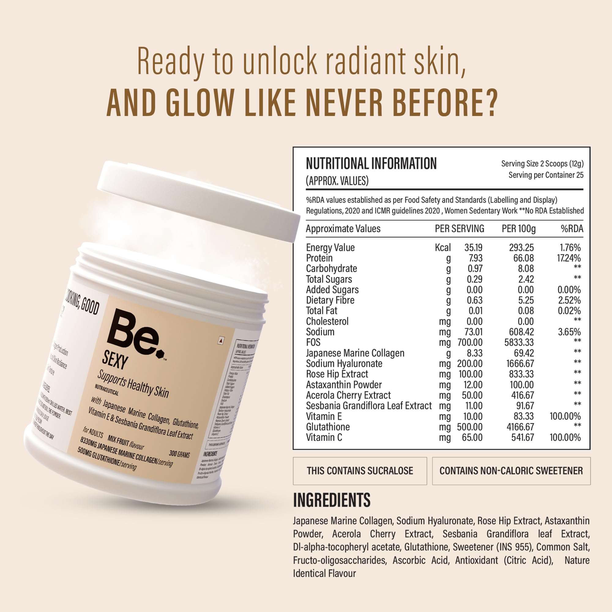 Be. Wellness Japanese Marine Collagen Powder, Mix-Fruit, 300g, Type I & III Peptides, Non-GMO - ingredients panel
