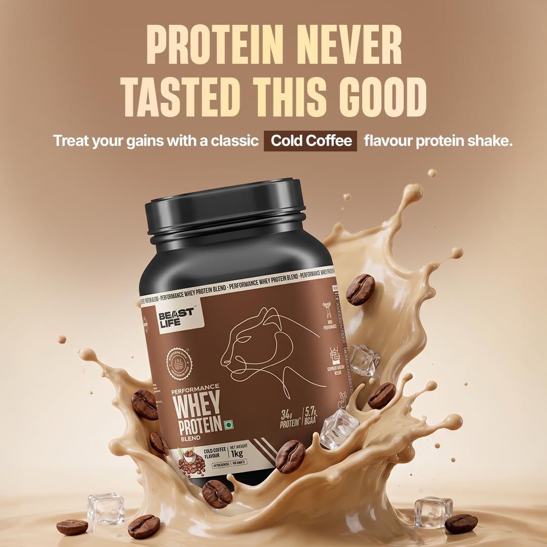 BEASTLIFE Performance Yeast Whey Protein Blend, 34g Protein, 5.7g BCAA, 1Kg, Adult Formula - front view (11)