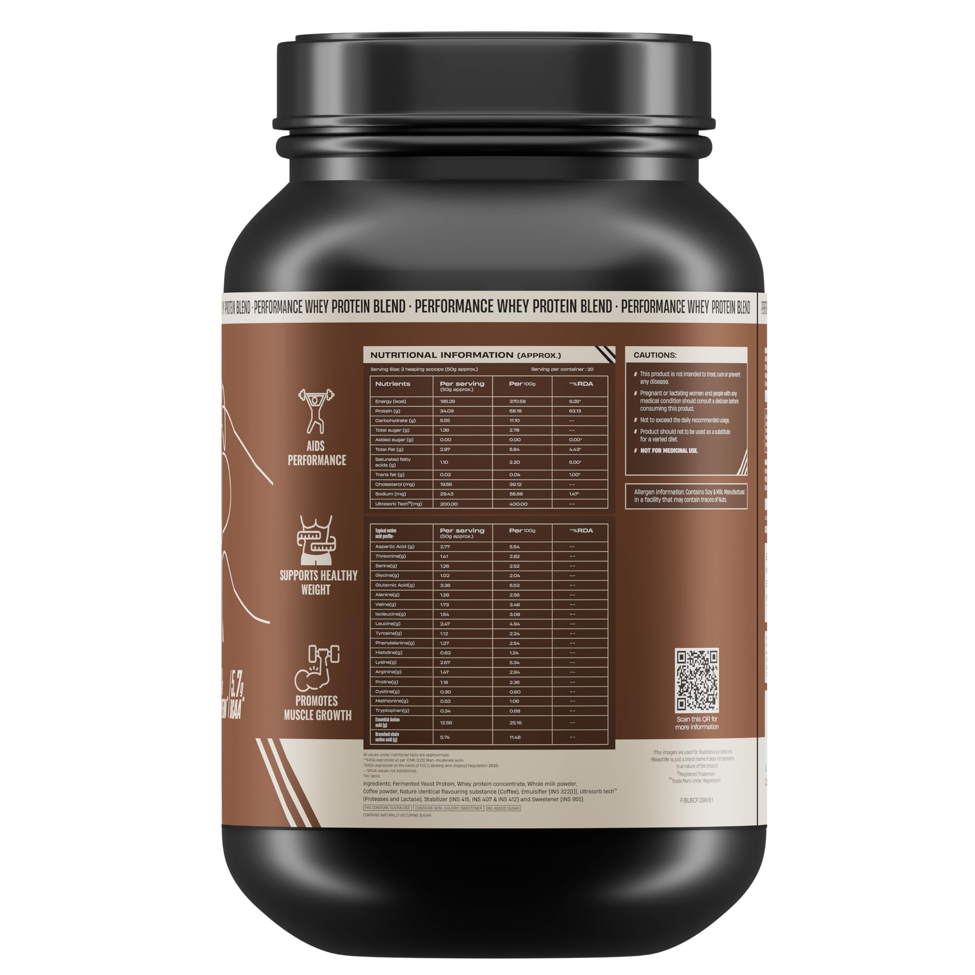 BEASTLIFE Performance Yeast Whey Protein Blend, 34g Protein, 5.7g BCAA, 1Kg, Adult Formula - close-up detail (16)