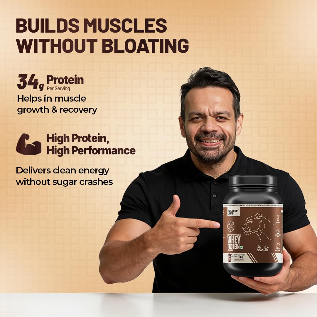 BEASTLIFE Performance Yeast Whey Protein Blend, 34g Protein, 5.7g BCAA, 1Kg, Adult Formula - front view