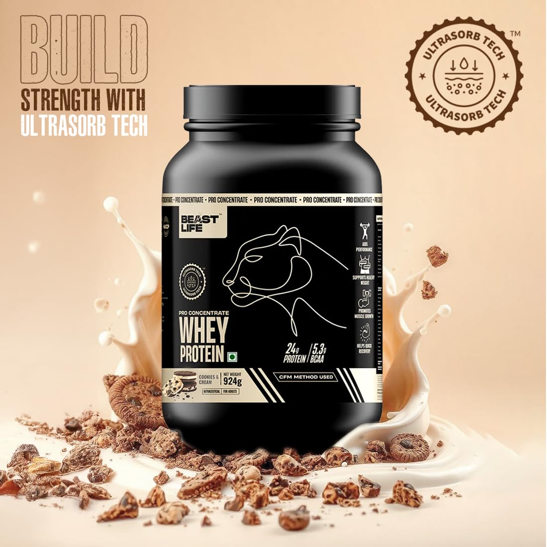 BEASTLIFE Pro 100% Whey Protein Powder, 924g 28 Servings, 24g Protein 5.3g BCAA, with Digestive Enzymes - ingredients panel (