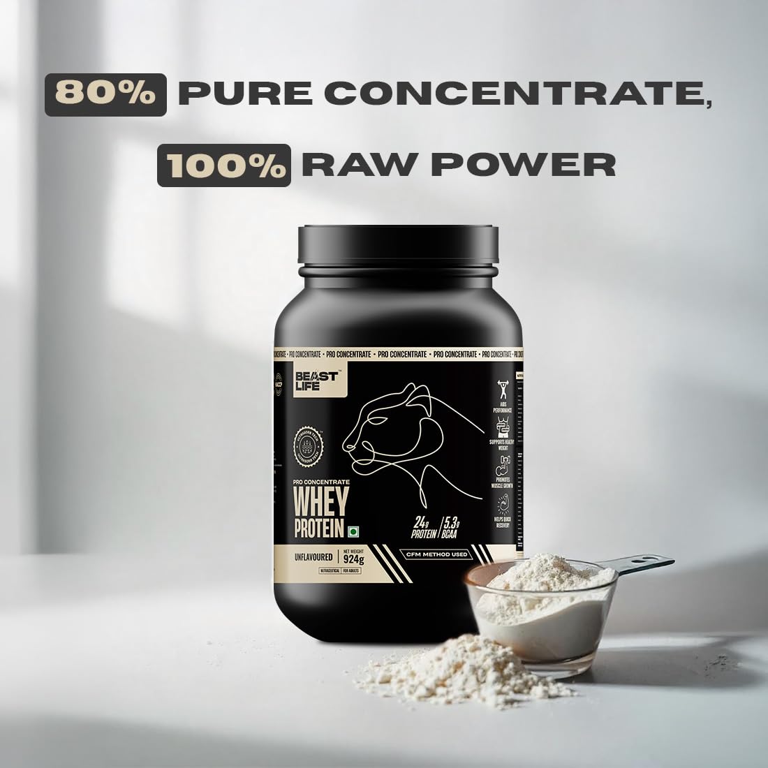 BEASTLIFE Pro 100% Whey Protein Powder, 924g 28 Servings, 24g Protein 5.3g BCAA, with Digestive Enzymes - back view (38)