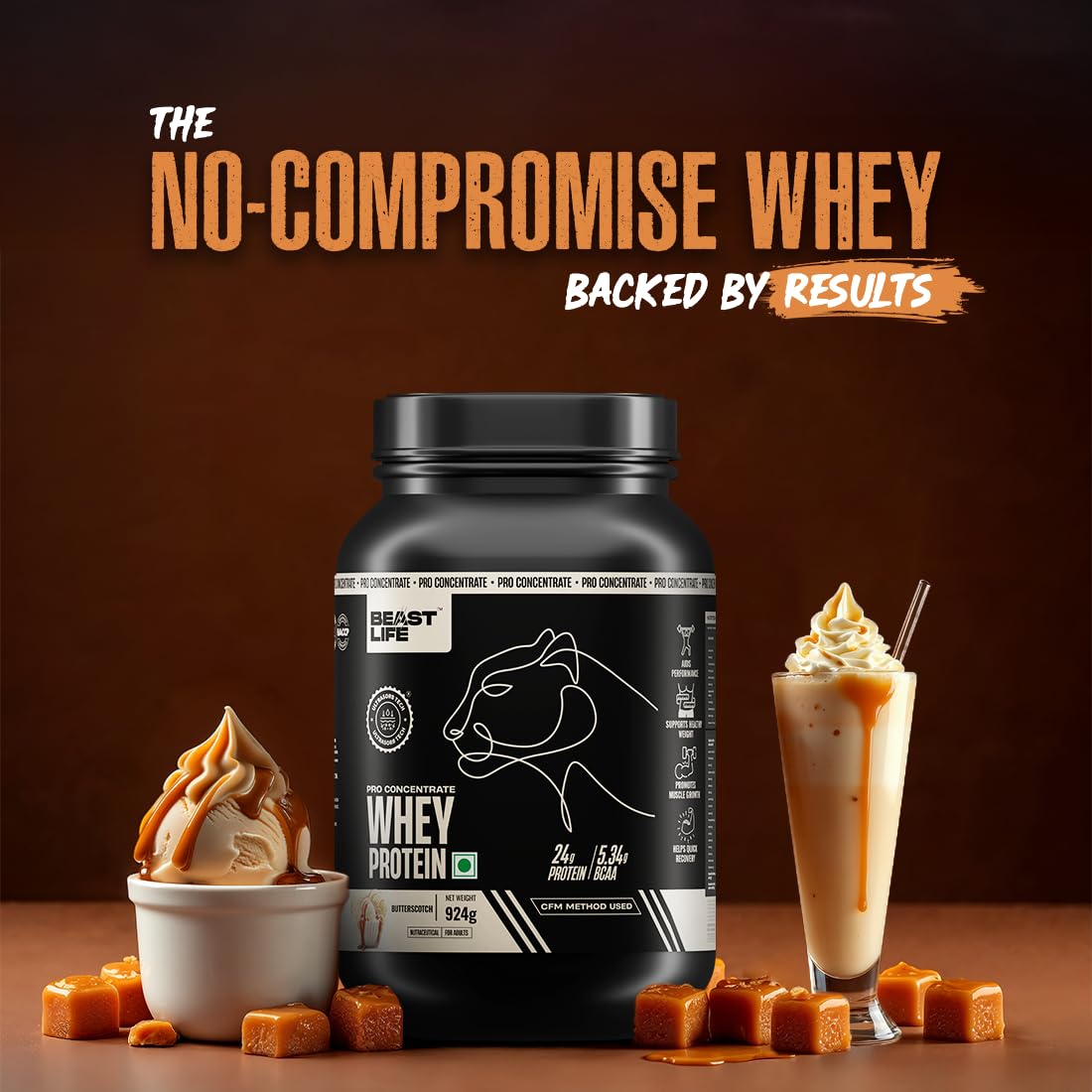 BEASTLIFE Pro 100% Whey Protein Powder, 924g 28 Servings, 24g Protein 5.3g BCAA, with Digestive Enzymes - packaging