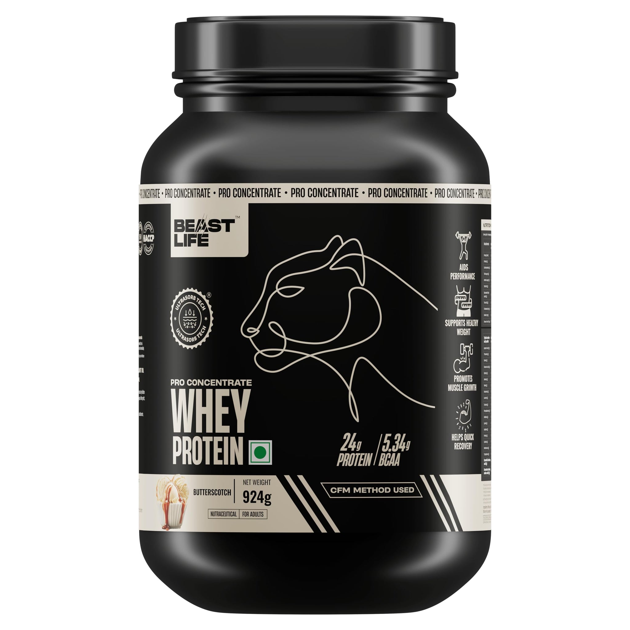 BEASTLIFE Pro 100% Whey Protein Powder, 924g 28 Servings, 24g Protein 5.3g BCAA, with Digestive Enzymes - size and scale