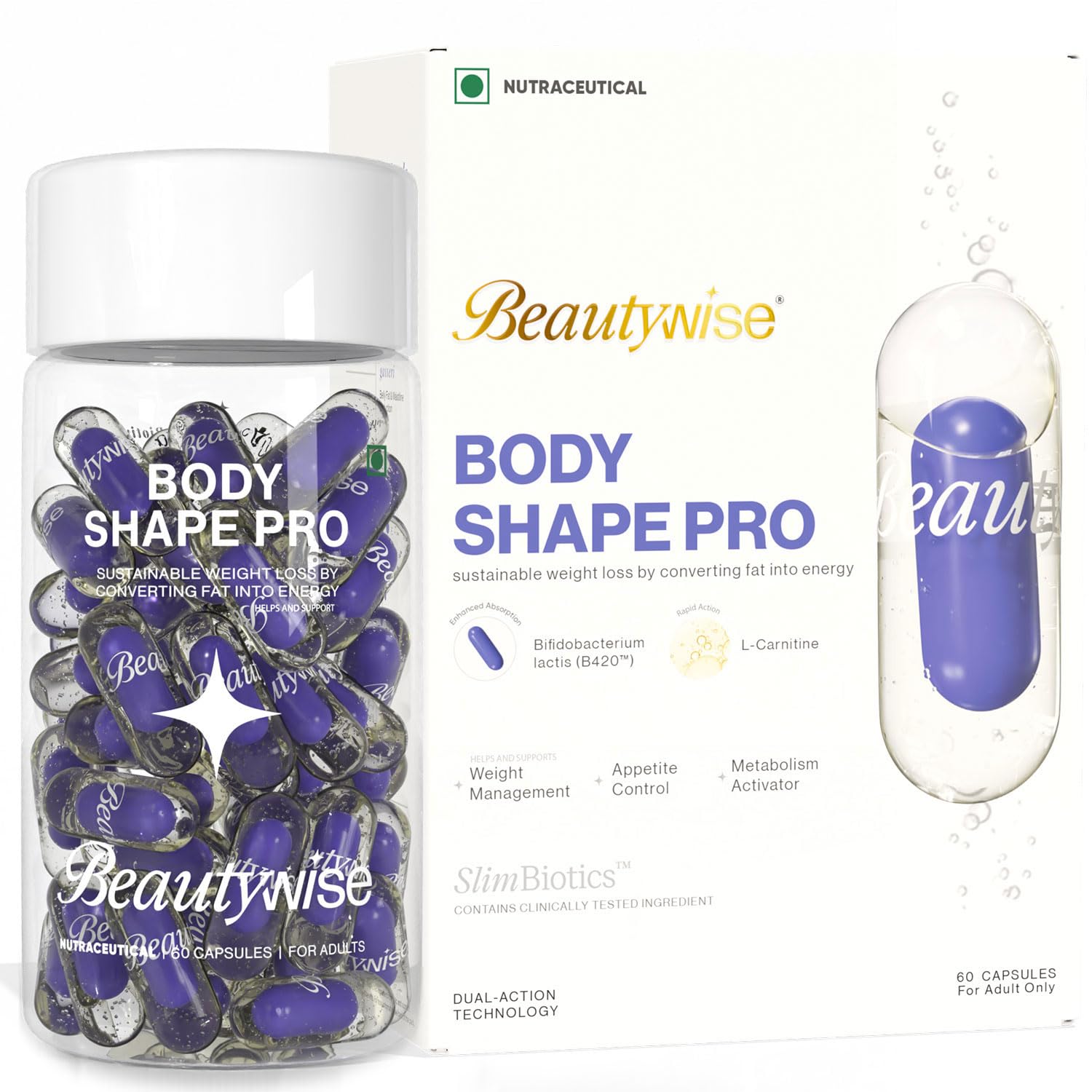 Beautywise Dual Action Body Shape | Weight Management | Helps Convert Fat into Energy Supplement for Men & Women (30 Capsules