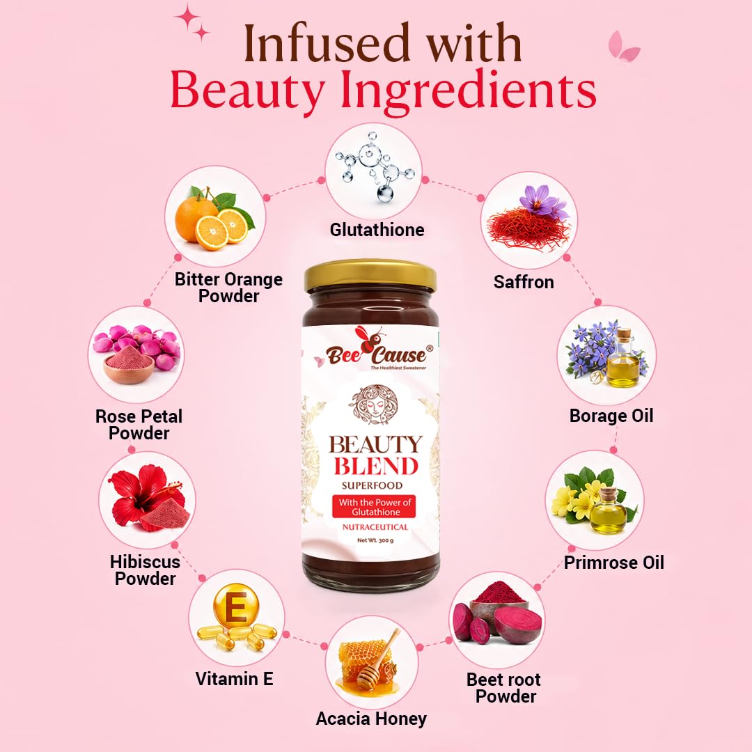 Bee Cause Beauty Blend Glutathione Honey, 300g Jars, Pack of 2, Botanical Formula with Saffron - back view