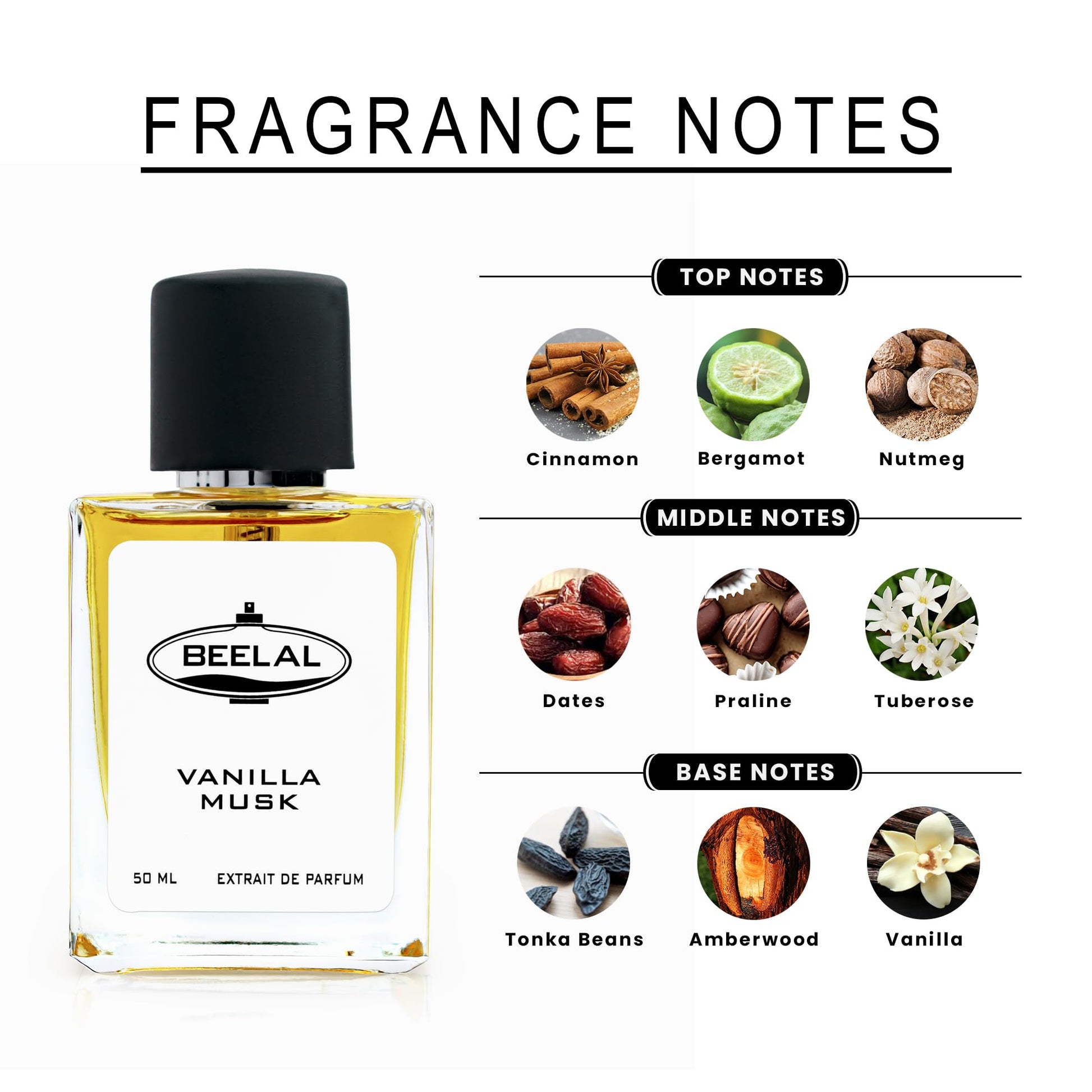 BEELAL Vanilla Musk Extrait De Parfum, 50ml, Unisex Eau de Parfum Spray - front view