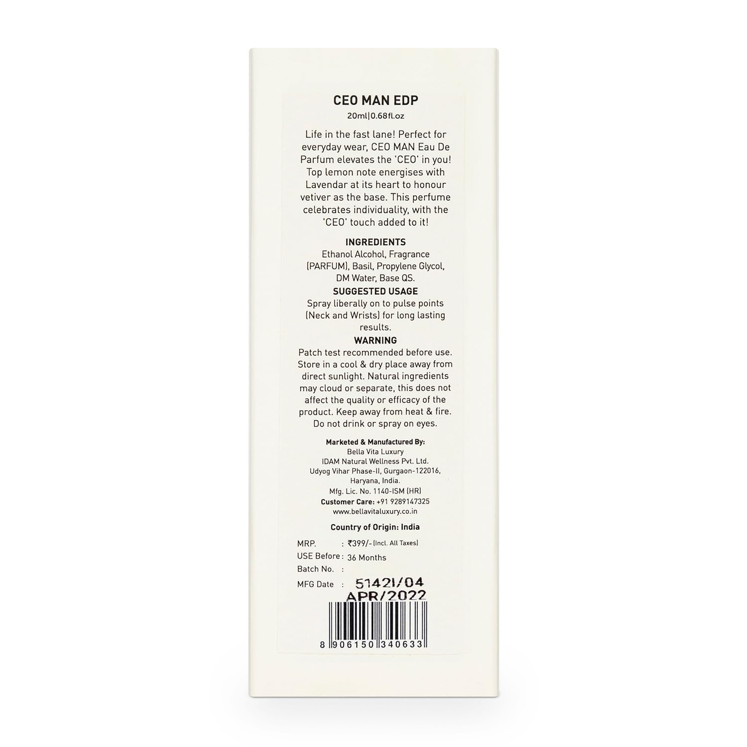 Bella Vita CEO Man Eau De Parfum, 20ml, Office Wear Fragrance for Men - close-up detail